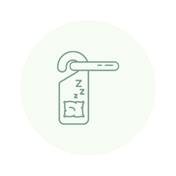 Green icon of a door handle with a pillow and 'zzz' symbols on a white background