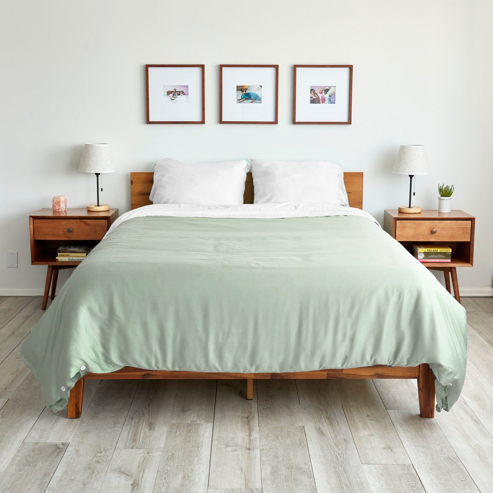 eucalyptus duvet cover in sage green on a bed we got at wayfair for a decent price||Sage