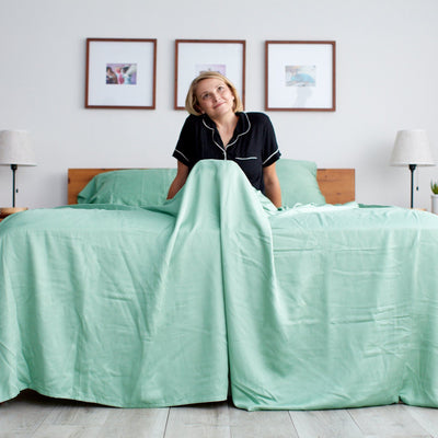Sheets & Giggles eucalyptus top sheet in mint green have an extra 4" of length for the beanpoles among us||Mint Green